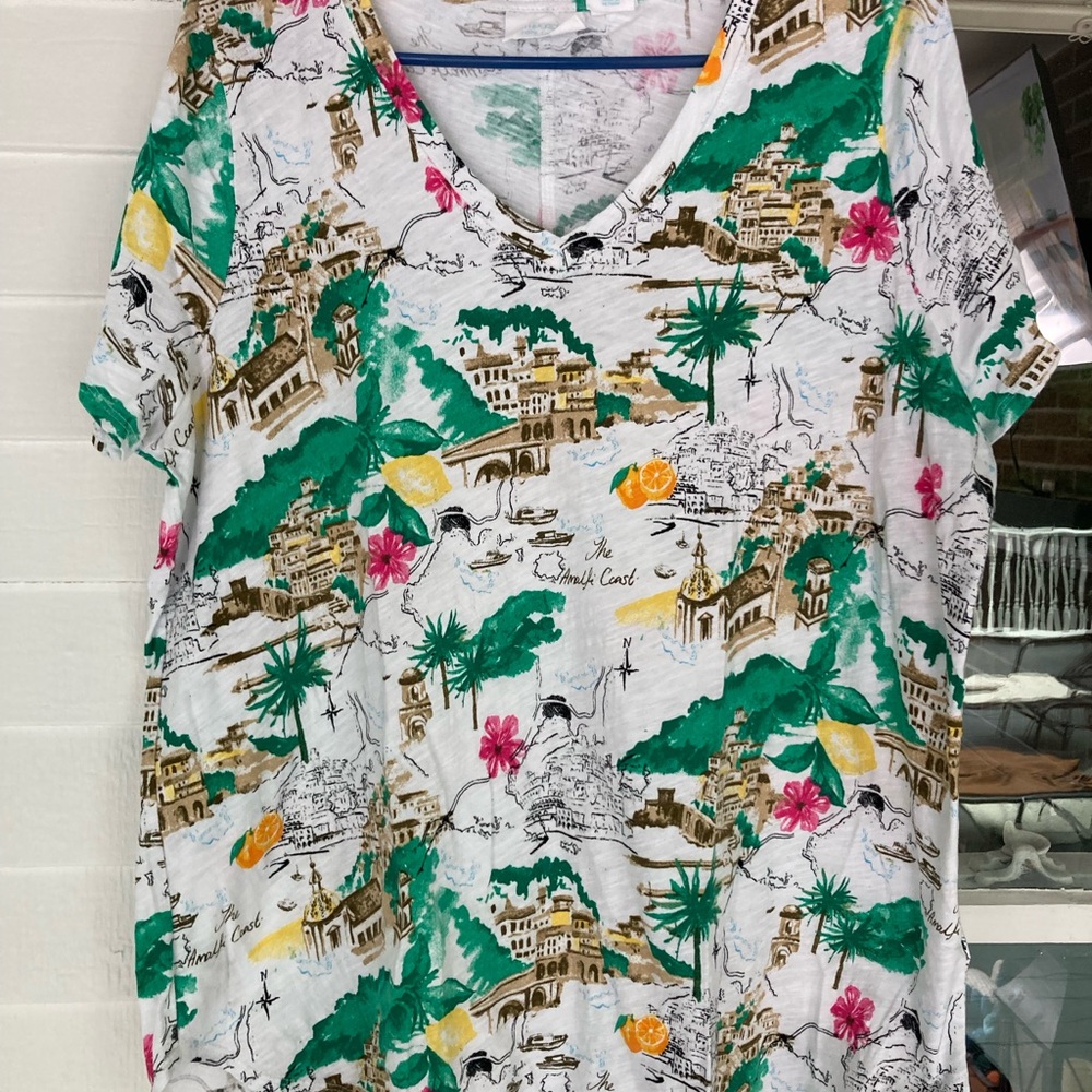Cynthia Rowley White and Green Graphic Short Sleeve T-Shirt
